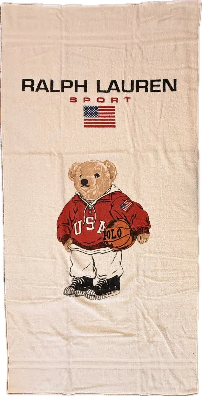 Vintage 90s Ralph Lauren Sport Polo Bear Basketball Beach Towel USA Flag White